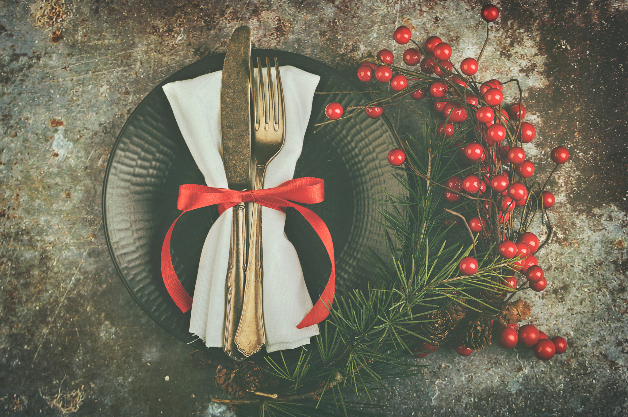 vintage old cutlery served on plate for Christmas Dinner with wr